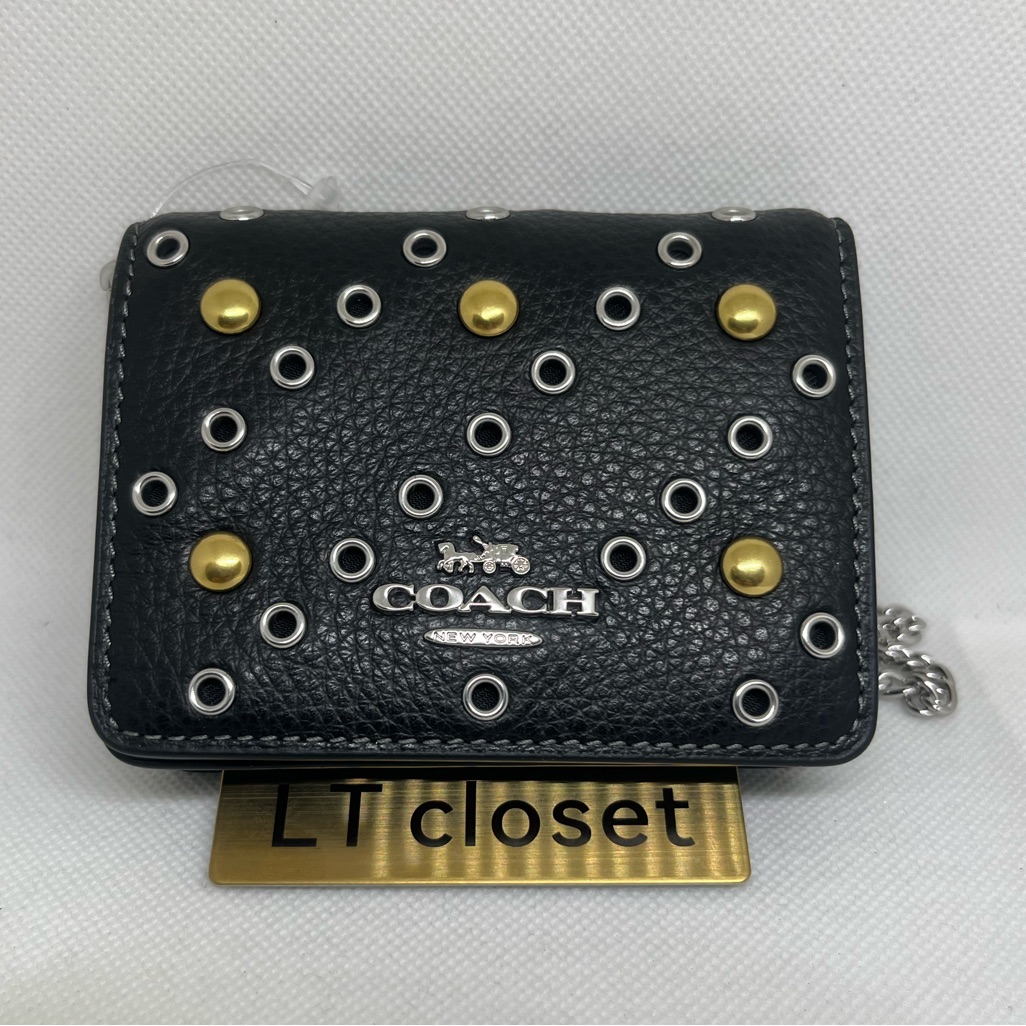 Nwt Coach Mini Wallet On A Chain With Rivets Silver Black Cci80